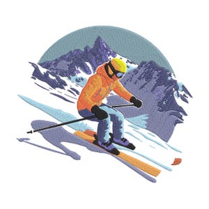May include: Embroidered design of a skier in orange jacket and blue pants, skiing down a snowy slope. The skier wears a yellow helmet and black gloves. The background features a mountain range and a blue-grey circle.