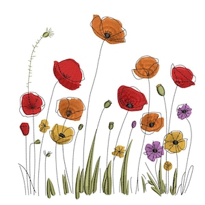 Könnte beinhalten: Gesticktes Design mit Mohnblumen in Rot, Orange, Gelb und Lila. Die Blumen haben schwarze Umrisse und grüne Stiele und Blätter auf weißem Hintergrund. Geeignet für ein Bastelprojekt oder zur Dekoration.