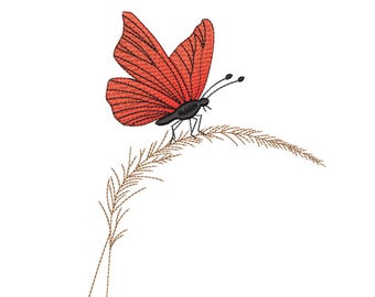 Red Butterfly on Grass Embroidery Design-Embroidery Machine File
