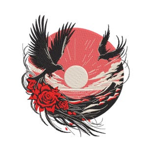 Puede incluir: Diseño bordado con dos pájaros negros en vuelo, una rosa roja y un sol rojo con una luna blanca. El diseño tiene una estética vintage, con una apariencia detallada y texturizada. La obra de arte está sobre un fondo blanco.
