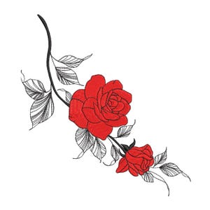 Puede incluir: Diseño bordado con dos rosas rojas con pétalos detallados y un tallo negro. Las hojas son negras con detalles blancos. El diseño está sobre un fondo blanco, creando un contraste llamativo.