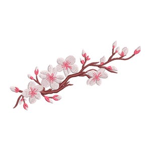 May include: Embroidered floral branch featuring white blossoms with pink centers and buds. The branch is a dark brown color. The design is on a white background. This floral design is suitable for apparel, home decor, or craft projects.