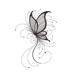 May include: A detailed black and gray butterfly design with intricate wing patterns and delicate, swirling lines. The butterfly's wings are a light gray, and the design is set against a clean white background. This image is suitable for embroidery or graphic design projects.