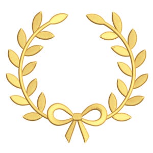 Pode incluir: Uma coroa de louros dourada com uma fita na parte inferior. A coroa é composta por folhas detalhadas e está sobre um fundo branco. O design é simétrico e elegante.