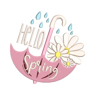 以下が含まれることがあります： ピンク色の傘に「Spring」と「Hello」の文字が白で刺繍されたデザイン。 黄色の中心を持つ白いデイジーが傘の下にあり、青い雨滴が降っています。 春をテーマにした刺繍デザインです。