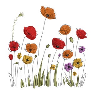 May include: An embroidered floral design featuring red, orange, yellow, and purple poppies and other wildflowers. The flowers have detailed stitching and are set against a white background. Green stems and leaves add to the naturalistic look.