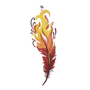 May include: An embroidered feather design in shades of red, orange, and yellow, resembling flames. The feather has a dark red base with intricate detailing and a yellow flame-like top. Decorative swirls and dots surround the feather, all on a white background.
