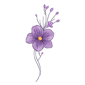 May include: Embroidered floral design featuring a large, lavender flower with a yellow center and delicate, purple buds. The design includes thin stems and leaves, all set against a white background.