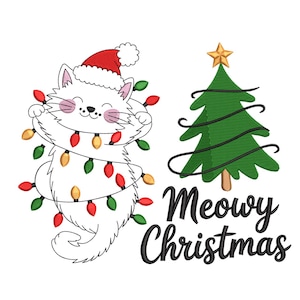 May include: A white cat wearing a Santa hat and wrapped in Christmas lights, with a green Christmas tree and the words "Meowy Christmas" in black script on a white background. The cat has pink cheeks and is smiling.