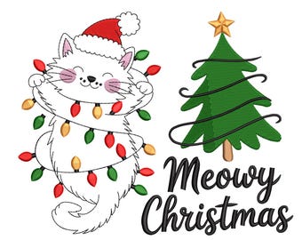 Meowy Christmas Cat with Lights – Holiday Embroidery Design