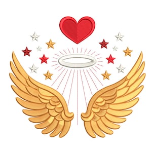 May include: An embroidered design featuring golden angel wings, a red heart, a white halo, and various stars in red, gold, and white. The design is set against a white background, creating a celestial theme.