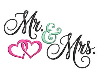 Diseño de bordado a máquina para boda romántica de Sr. y Sra. Corazones