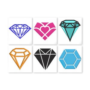 May include: Six diamond designs in various colors: blue, pink with a heart, teal, gold, black, and light blue. Each design is on a white square background, showcasing the different facets and shapes of the gemstones.