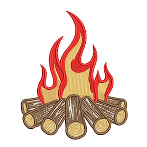 Puede incluir: Diseño bordado de una fogata con llamas rojas y amarillas y troncos marrones. Los troncos presentan detalles de vetas de madera y patrones circulares en los extremos. Ideal para proyectos temáticos de camping o actividades al aire libre.