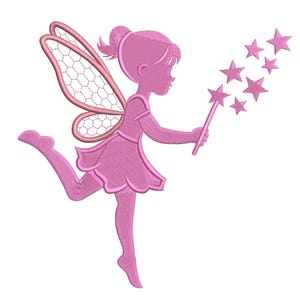 May include: Pink embroidered design of a fairy with a wand and stars. The fairy has detailed wings with a honeycomb pattern. The fairy is wearing a dress and has her hair up in a bun. The design is on a white background.
