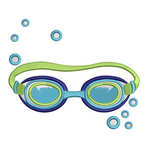 May include: Embroidered swimming goggles in shades of blue, green, and white. The goggles have a blue frame, a green strap, and are surrounded by several embroidered bubbles. The goggles are designed for swimming.