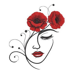 Puede incluir: Un diseño bordado que presenta el rostro de una mujer con los ojos cerrados, labios rojos y dos flores de amapola rojas. El diseño está delineado en hilo negro con detalles delicados, creando una estética floral y femenina.