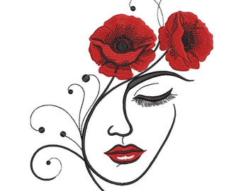 Mohnblume Lady Gesicht Stickdatei