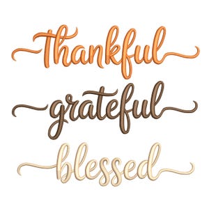 May include: A graphic design featuring the words "Thankful," "Grateful," and "Blessed" in a cursive script. The word "Thankful" is in orange, "Grateful" is in brown, and "Blessed" is in a light beige color. The design is suitable for fall or Thanksgiving.