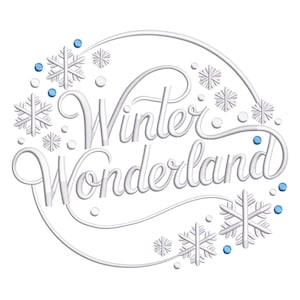 以下が含まれることがあります： 白い筆記体の「Winter Wonderland」の文字が白い線で囲まれています。白い雪の結晶と小さな青い点がデザインに含まれており、冬をテーマにしています。全体的にすっきりとしたエレガントなデザインです。