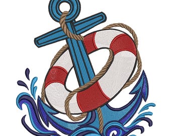 Nautical Anchor Lifebuoy Ocean Waves  Embroidery Design- Machine Embroidery Design File