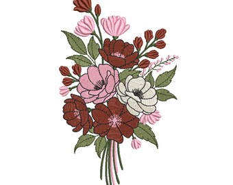Rustikales rosa-burgunderfarbenes Blumenbouquet – Stickdatei für Stickmaschinen