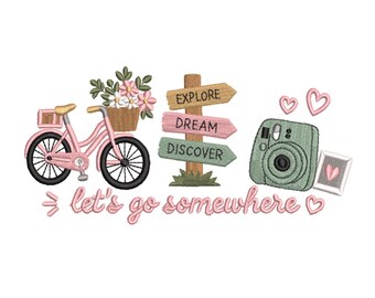 Let’s Go Somewhere Travel Bicycle Camera Machine Embroidery Design- Machine Embroidery Design File