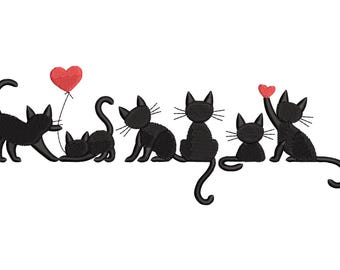 Schwarze Katzen mit Herzen Stickdatei