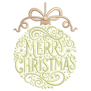 May include: A Christmas ornament with the words "MERRY CHRISTMAS" in a decorative font. The ornament is a light green color with swirls and stars, and is topped with a tan bow and hanger.