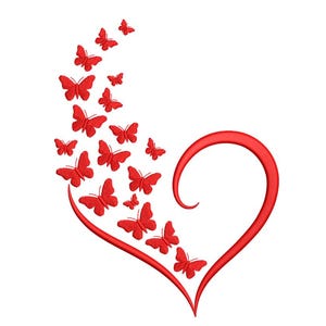 Könnte beinhalten: Ein rotes Herz mit einem Wirbeldesign, begleitet von einer Kaskade roter Schmetterlinge. Die Schmetterlinge scheinen aus dem Herzen herauszufliegen und ein dekoratives und romantisches Design auf weißem Hintergrund zu erzeugen.