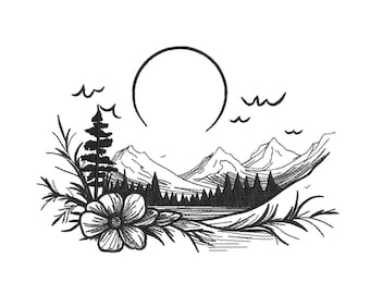 Mountain Forest Line Art Embroidery Design– Embroidery  File