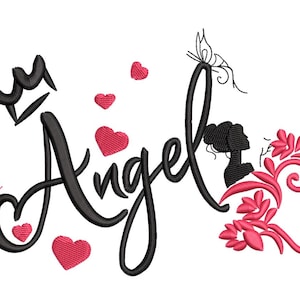 May include: An embroidered design featuring the word "Angel" in black script, adorned with a crown, hearts, butterflies, and floral elements in pink and black. The design includes a silhouette of a woman's profile.
