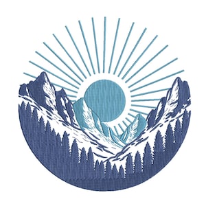 May include: Embroidered design of a mountain landscape with a rising sun. The design features snow-capped mountains, a forest of pine trees, and a sunburst pattern. The color palette includes shades of blue and white.