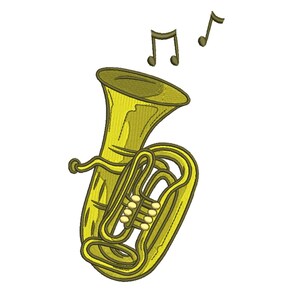 May include: An embroidered yellow tuba with dark olive green outlines and stitching details. The brass instrument features a wide bell, multiple valves, and curved tubing. Two dark olive green musical notes float above the tuba.