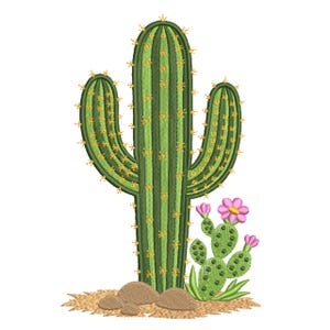 Blommande ökenkaktus med stenar broderidesign - maskinbroderidesignfil