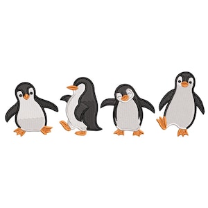 Puede incluir: Cuatro diseños de bordado de pingüinos en varias poses. Cada pingüino tiene un cuerpo negro, vientre blanco, pies y pico naranjas. Los pingüinos están en diferentes posiciones, algunos caminando y otros con las alas extendidas.