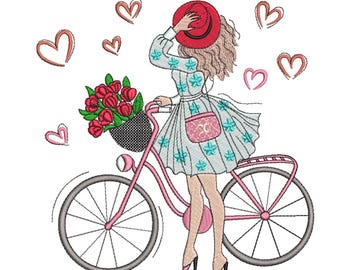 Girl with Bicycle & Roses Embroidery Design-Embroidery Machine File