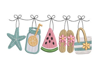 Summer Vacation Garland Beach Accessories Embroidery Design- Machine Embroidery Design File
