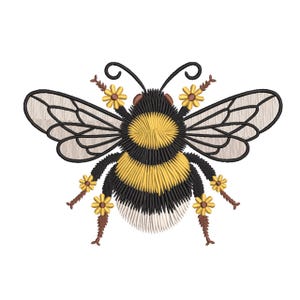 May include: An embroidery design of a bumblebee featuring a black and yellow striped body with a white lower section, translucent wings with black outlines, and small yellow flowers positioned near the head and legs of the insect.