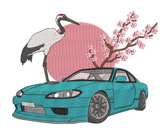 Diseño de bordado de coche JDM con grúa: archivo de bordado Sakura