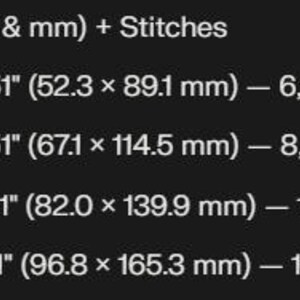 Peut inclure: Un &eacute;cran noir affiche des sp&eacute;cifications de tailles en pouces et en millim&egrave;tres, ainsi que le nombre de points. Les tailles varient de 2,06" x 3,51" (52,3 x 89,1 mm) &agrave; 3,81" x 6,51" (96,8 x 165,3 mm), avec le nombre de points correspondant.