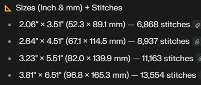 Peut inclure: Un &eacute;cran noir affiche des sp&eacute;cifications de tailles en pouces et en millim&egrave;tres, ainsi que le nombre de points. Les tailles varient de 2,06" x 3,51" (52,3 x 89,1 mm) &agrave; 3,81" x 6,51" (96,8 x 165,3 mm), avec le nombre de points correspondant.