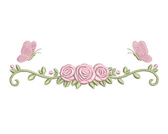 Pink Rose Butterfly Floral Border Machine Embroidery Design- Machine Embroidery Design File