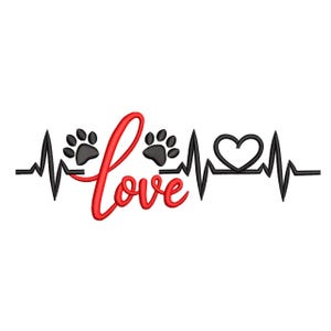 May include: A design featuring a heartbeat line with paw prints and a heart. The word "Love" is written in red script, intertwined with the heartbeat line. The paw prints are black, and the background is white.