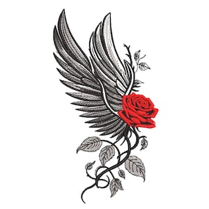 Puede incluir: Diseño bordado con alas negras y grises y una rosa roja. El diseño incluye hojas y tallos grises, creando un motivo floral gótico. Ideal para ropa o proyectos de manualidades.
