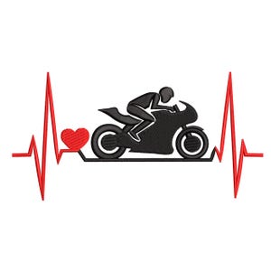 Może przedstawiać: Czarny motocykl z kierowcą umieszczony w czerwonej linii bicia serca z czerwonym sercem. Projekt znajduje się na białym tle. Motocykl to sylwetka.