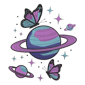 May include: An embroidered design featuring a purple and teal planet with a ring, surrounded by stars and butterflies. The butterflies have purple and teal wings. The design is on a white background.