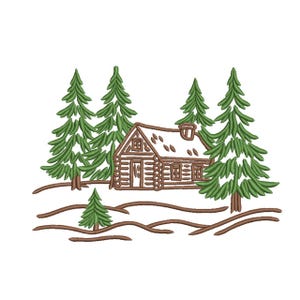 May include: An embroidered design of a log cabin nestled among green pine trees. The cabin has a brown roof and walls, with a chimney and small windows. The trees and cabin are set against a white background, with brown lines suggesting a snowy landscape.