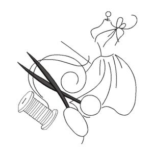 May include: Line drawing of sewing and dressmaking tools. The image features a dress form, a spool of thread, a pair of scissors, and two knitting needles. The design is in black and white.