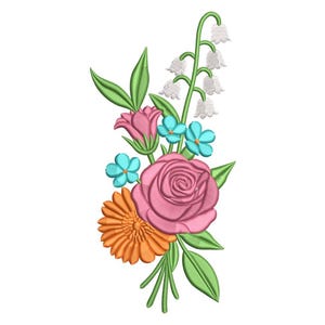 Puede incluir: Un colorido diseño de bordado floral con una rosa rosa, una margarita naranja, nomeolvides azules y lirios de los valles blancos. Hojas y tallos verdes completan el arreglo, sobre un fondo blanco.